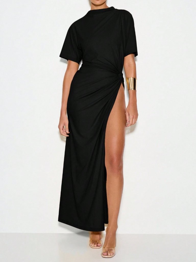 Black Elegant Evening Women's Thigh Split Pull-Through Detail Maxi Dress